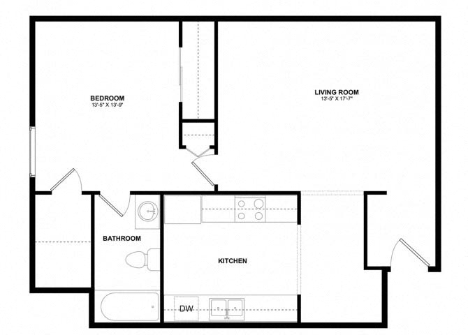 Floor plan for 1 bed, 1 bath, 900 sqft